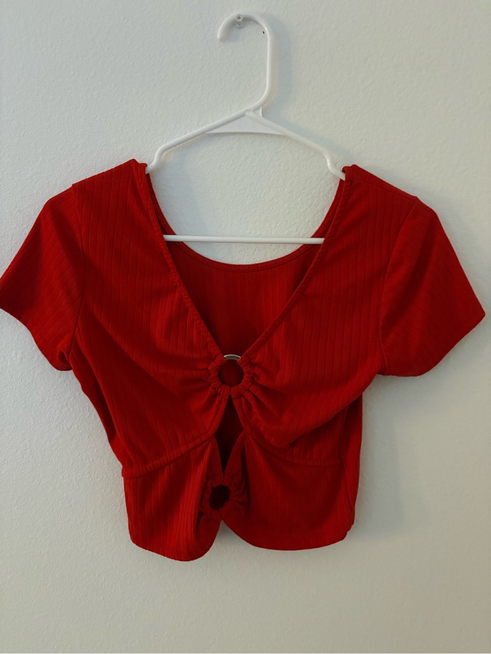 Women’s Red Short Sleeve Ring-Front Top
